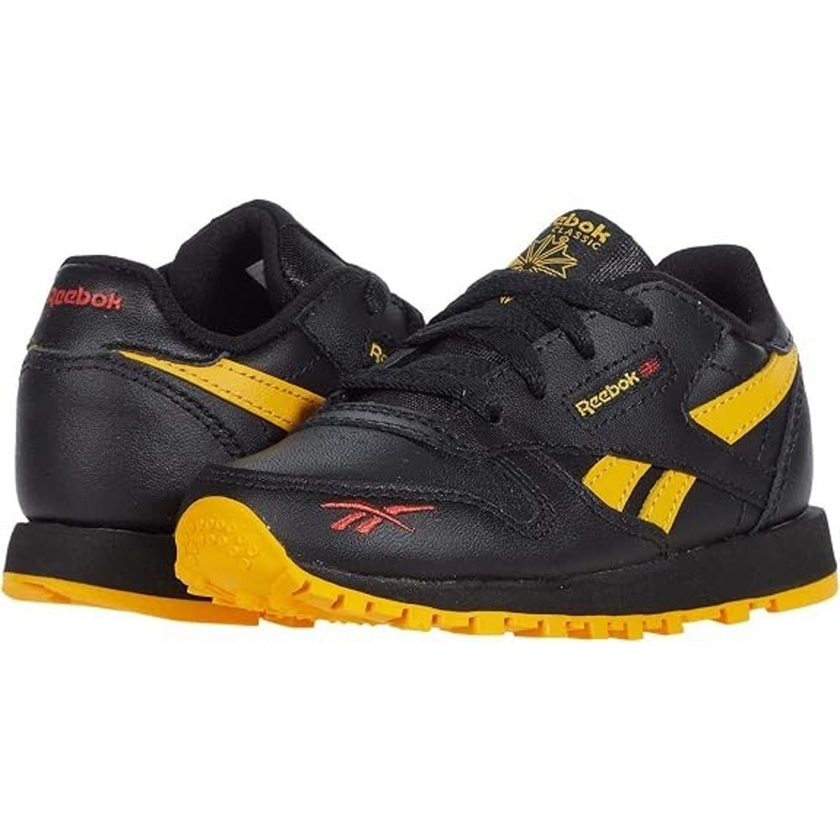 Reebok Mens Classic Leather Casual Athletic Sneakers Black Yellow Shoe Size 7